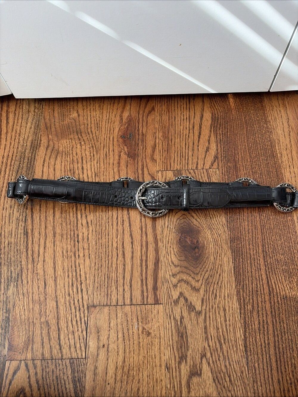 BRIGHTON Women's Black Leather Belt Woven Braided Metal Rings Size 36